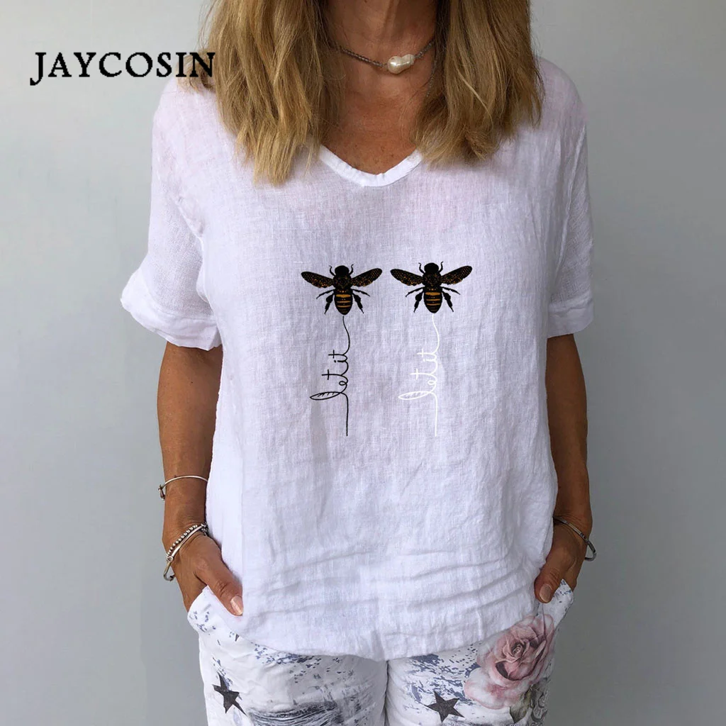 Футболка Jaycosin женская с коротким рукавом Свободный Топ принтом пчелы V-образным