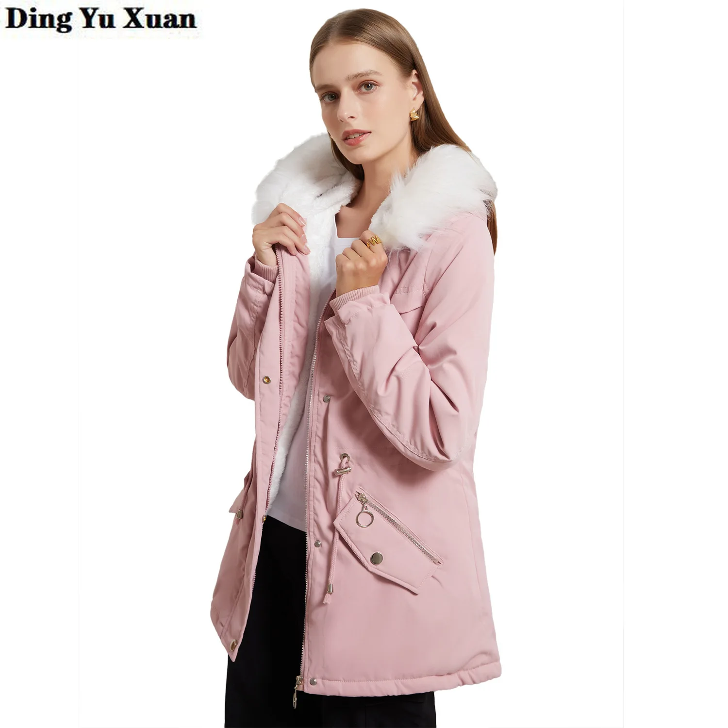 2021 New Arrival Fashion Loose Women Winter Fur Hooded Jacket Cotton Padded Warm Thicken Ladies Long Trench Coats Womens Parka