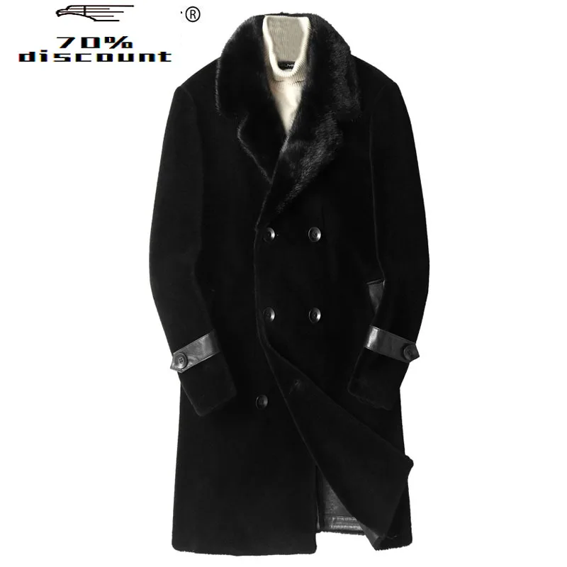 

200%Wool Coat Winter Jacket Men Real Sheep Shearling Fur Coat Mink Fur Collar Long Coat Chaqueta Hombre P-M8520Z MY2334