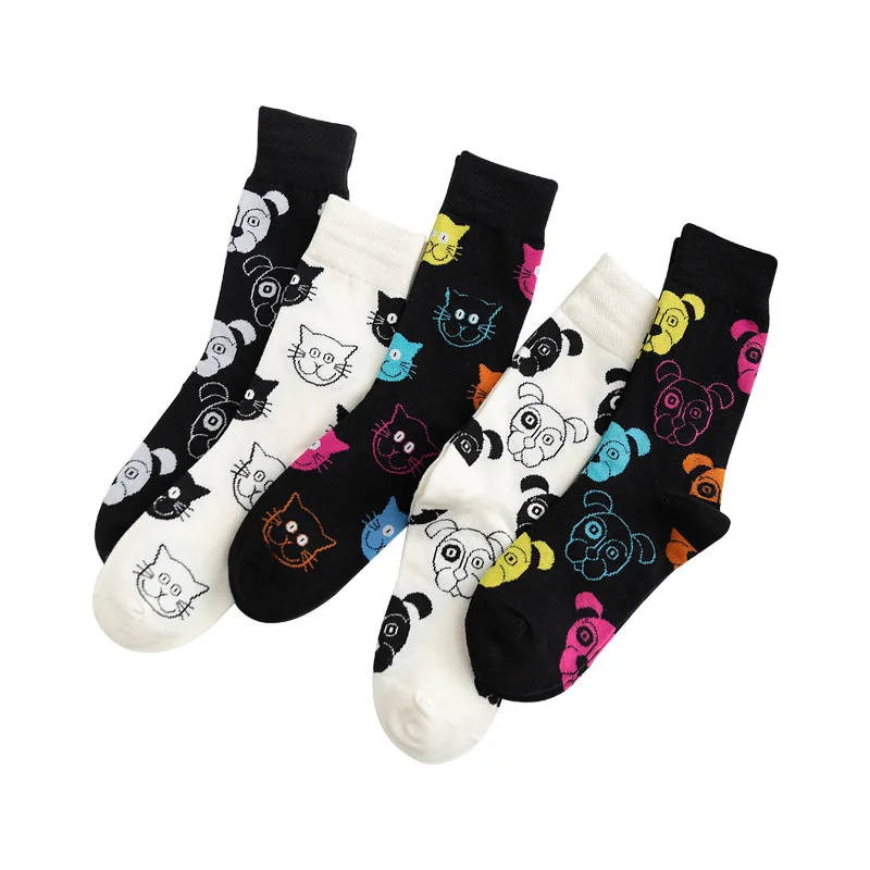 Тренд, персонажи мультфильмов, черно-белые носки с котом и собакой, дышащие впитывающие пот хлопковые носки для мужчин и женщин