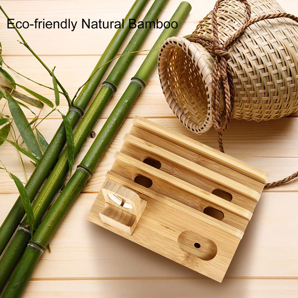  Multifunctional Mobile Phone Holder Stand Bamboo Station Dock Desktop Docking Station Organizer For