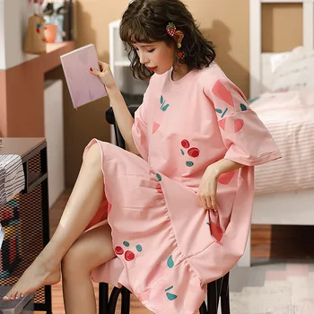 

Nightdress Women Summer Autumn Cute Half Nightdresses Summer Thin Cotton Cartoon Fresh Ladies Homewear