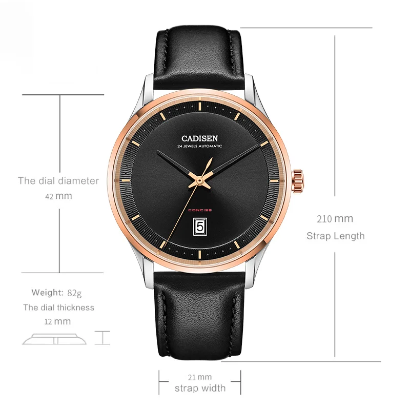 CADISEN Лидирующий бренд механические часы для мужчин автоматические NH35A кожа мода Бизнес механические водонепроницаемые наручные часы Reloj Hombre