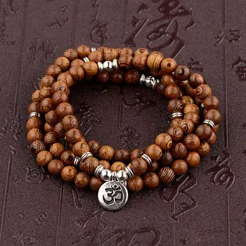Multilayer Wood Beads Buddha Lotus OM Bracelet Tibetan Buddhist Mala Charm Rosary Bracelet