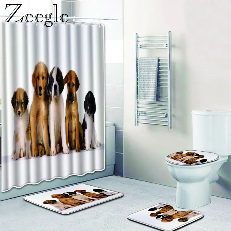 Zeegle Dog Shower Curtains Bath Mat Set Polyester Waterproof Bathroom Curtain Anti-slip Bath Mat Decoration Toilet Pedestal Rug
