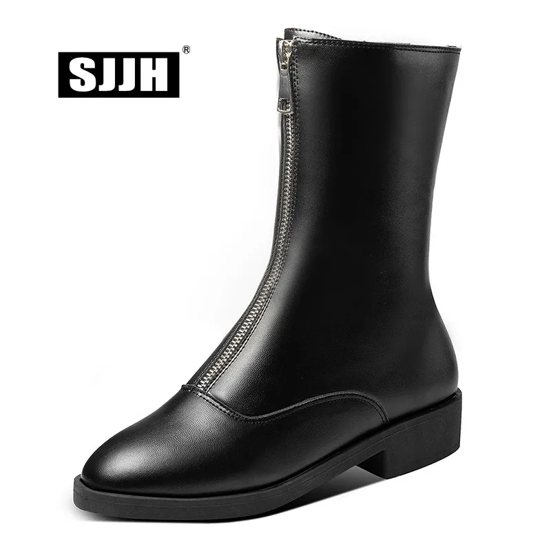 SJJH Women Chelsea Boots with Round Toe Low-Heel Zip Mid-Calf Short Plush Boots Fashion Shoes Large Size E004