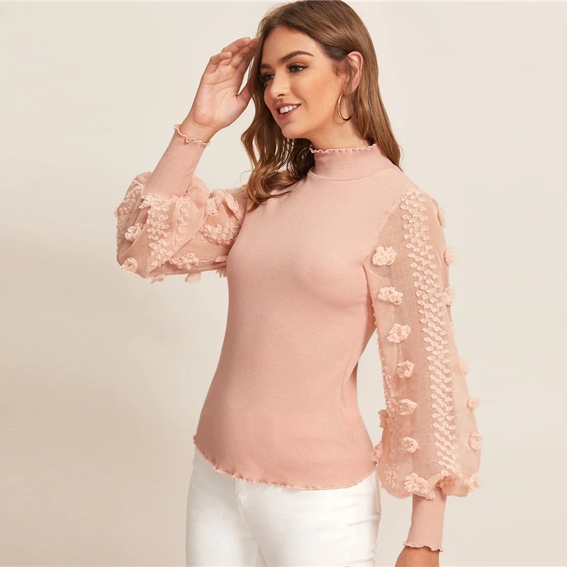 SHEIN черный салат отделка Аппликация Sheer Bishop рукав Топ осень стоячий воротник офисные женские элегантные облегающие Топы И Футболки