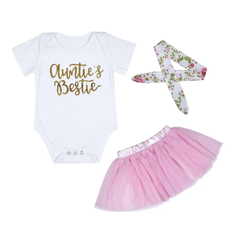 

3pcs Baby Girl Clothes Aunties Bestie Letter Bodysuit Infant Toddler Girl Clothing Tutu Skirt Headband Sets Baby Costumes