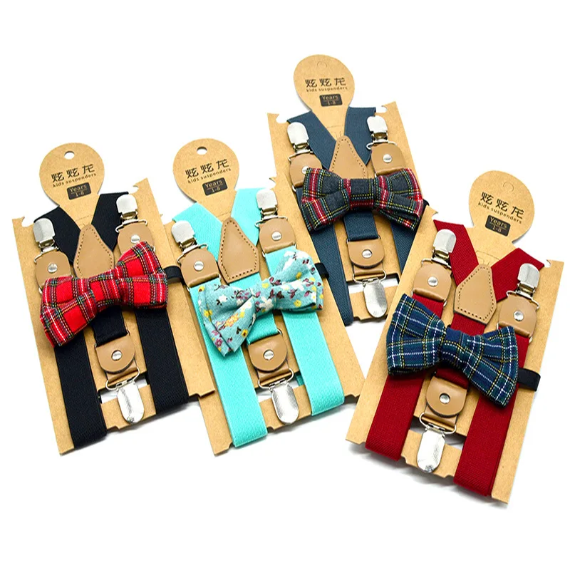 

Children's fashion autumn and winter solid color strap clip bow tie set elastic elastic strap 3 clip hanging pants clip bow
