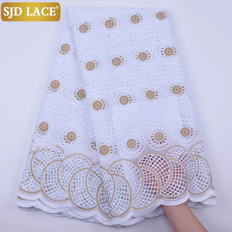 

SJD LACE Gold African Cotton Lace Fabric High Quality Punch Cotton With Stones Swiss Voile Lace In Switzerland For Wedding A1858