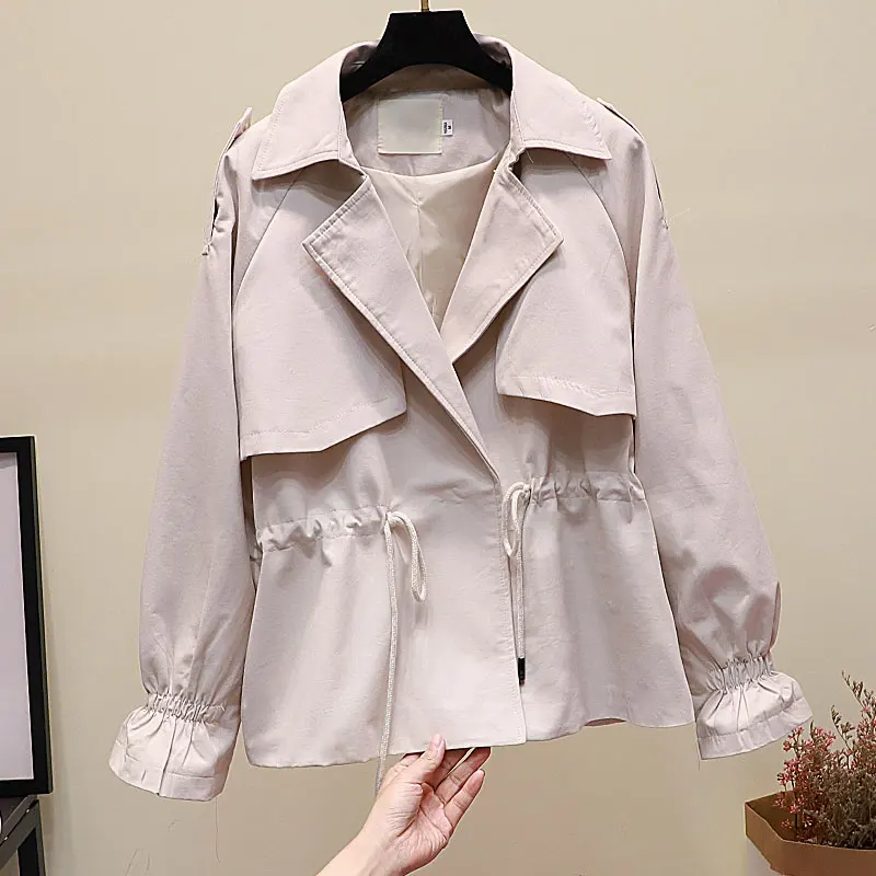 Beige Модный короткий черный Тренч для женщин весна осень короткое пальто Корейская ветровка свободная талия с капюшоном верхняя одежда для женщин - Цвет: Beige