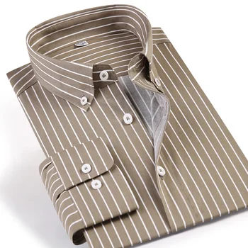 

Men's New Standard Fit Long Sleeve Khaki Striped Casual Shirt Comfortable Button Down Collar Pocket-less Design Easy Care Shirts