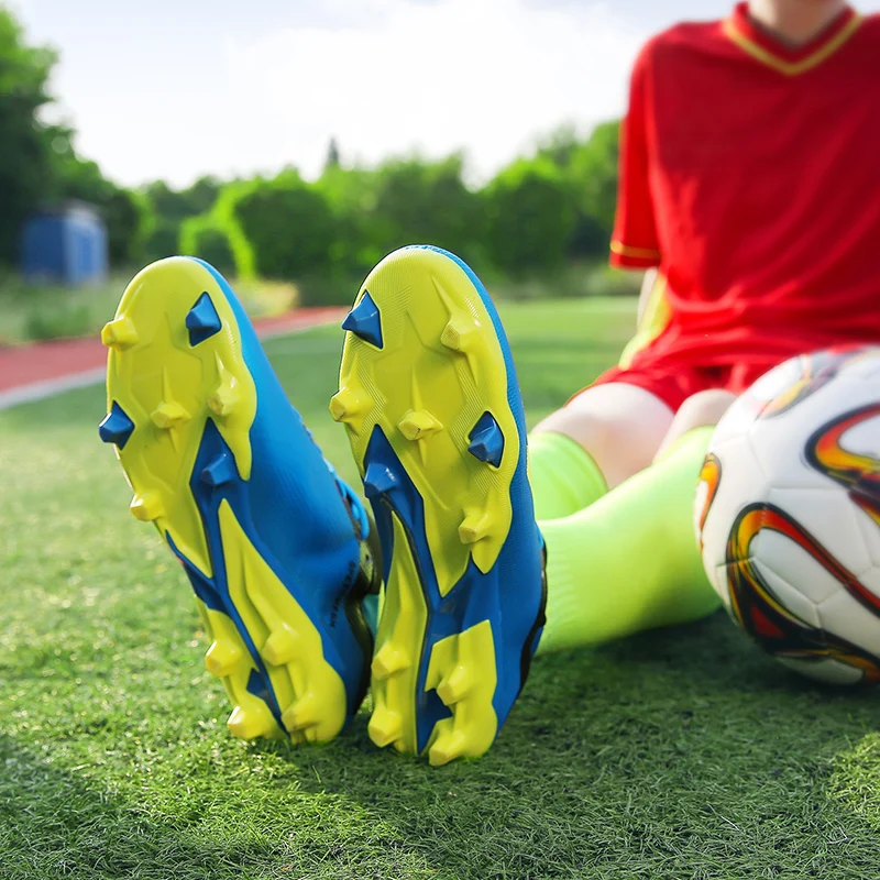 Футбольные шипы для мальчиков футбольные бутсы для использования в помещении куртка Мужские футбольные кроссовки синие желтые сломанные ногти обувь для газонов футбол