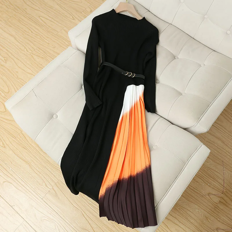 

Elegant Knitted Pleated Midi Dress 2020 Fall Winter Long Sleeve Vintage Black Print Long Formal Party Dress