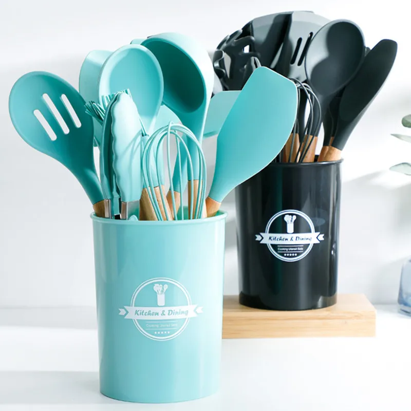 Kitchen Cooking Tools Utensils Set Silicone Wooden Handle Spoon Whisk  Holder Storage Cookware Set Non-Stick Spatula Spoon