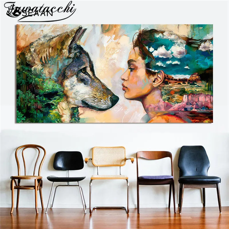 Fuwatacchi Abstract Oil Painting Poster Large Size Canvas Wolf and Girl Prints Wall Hanging Pictures Printings for Living Room | Дом и сад
