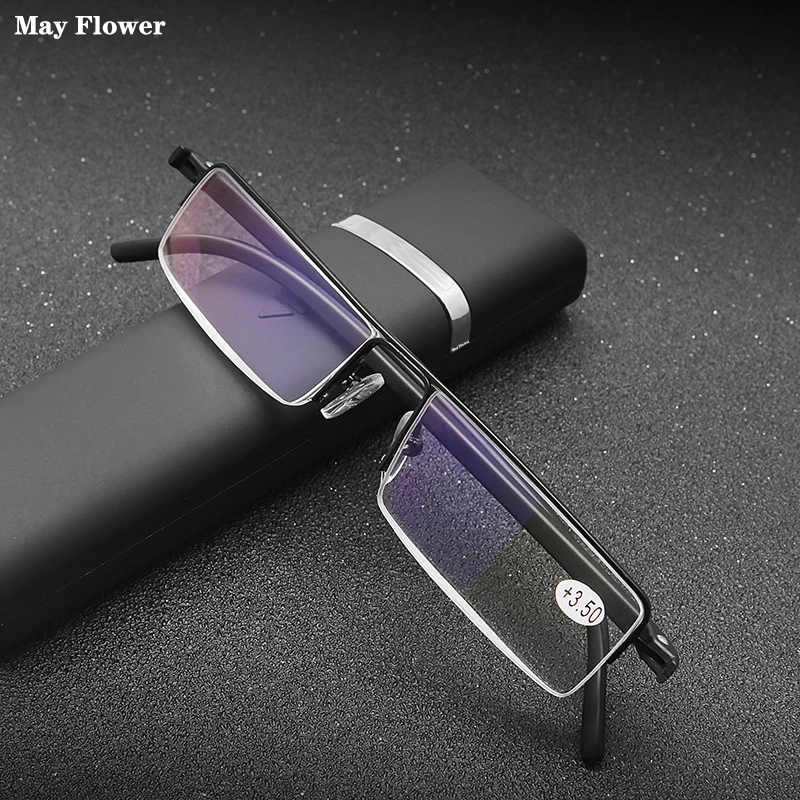 Mai Blume Anti Blaues Licht Lesebrille Männer Frauen Schwarze Brille Weitsichtheit Legierung Rahmen Brillen Mit Fall Dioptrien + 1,5 + 2