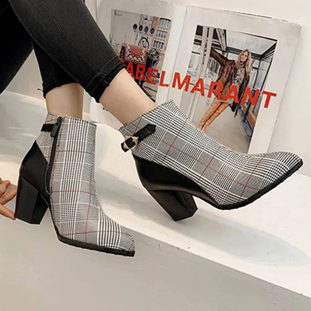 

Plaid Chelsea Ankle Boots For Women Nice Autumn And Winter Stitching Color Chunky Heels High-Heeled Buckle Strap Boots Women