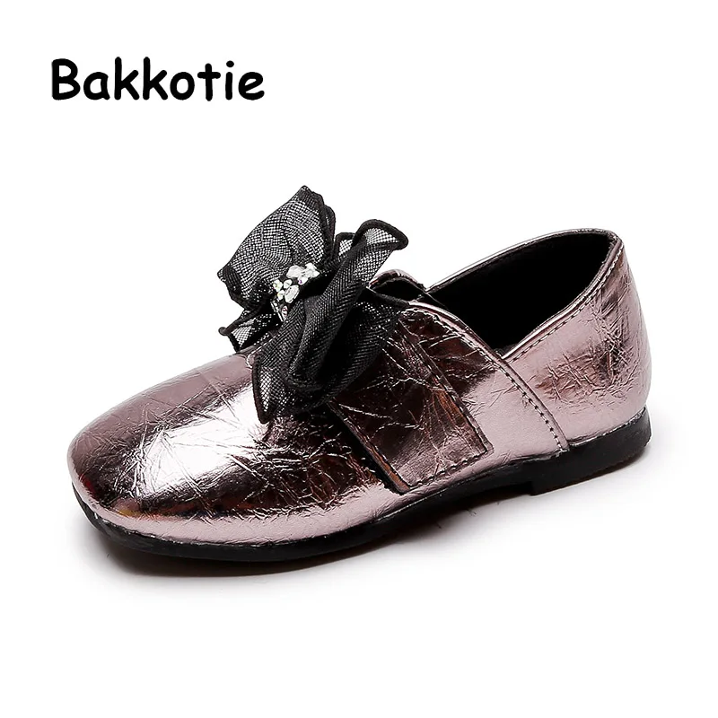 

Bakkotie New 2019 Kids Autumn Girls Pu Leather Shoes Baby Fashion Lace Bowtie Mary Jane Flats Children Gold Sweet Dress Shoes