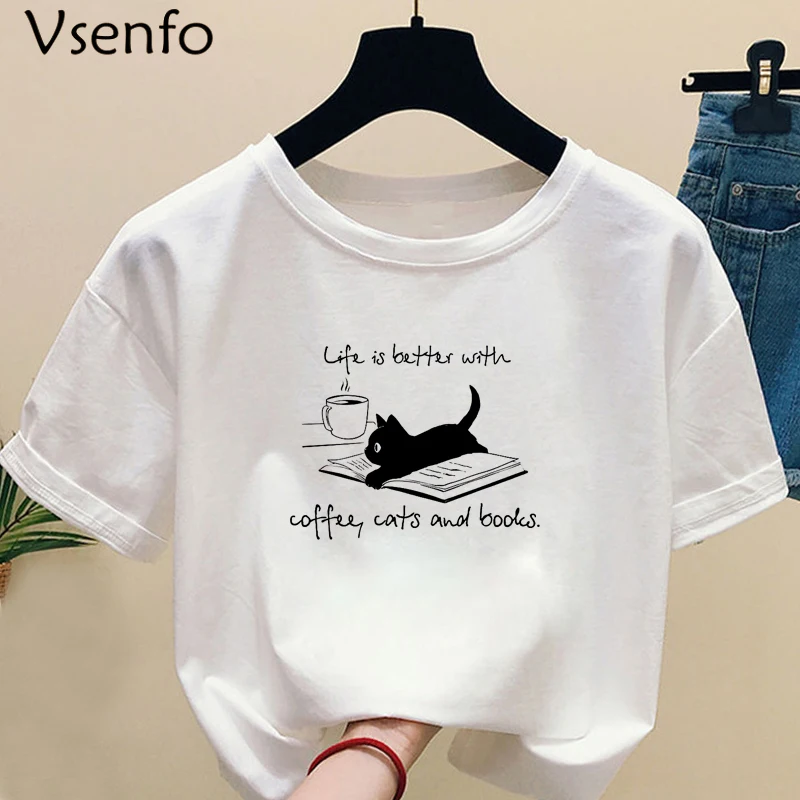 Moda coffce camiseta a vida das mulheres é melhor com coffce t camisas unisex engraçado bonito gato t camisa verão branco animal imprimir topos|Camisetas| - AliExpress