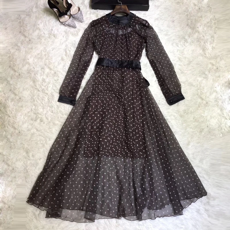 Autumn Artsy Women Elegant Dress Mesh Dot Print O-Neck Long Sleeve Princess A-Line Dresses+ Slip Vest
