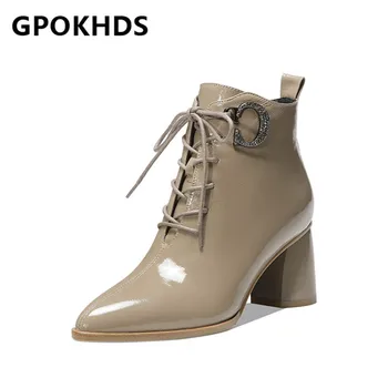 

GPOKHDS 2021 women Ankle boot Cow leather Winter short plush Pointed Toe Crystal Metal Decoration High heels female boot size 39