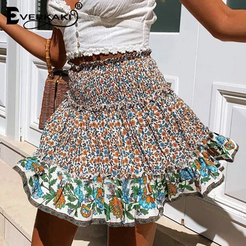 

Everkaki Women Short Skirts Boho Floral Print Ruffles Gypsy Ethnic Ladies Vintage Mini Skirt Bottoms Female 2019 New Fashion