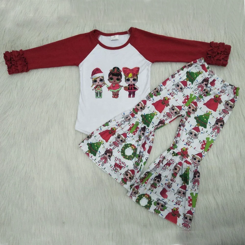 Модная красная рубашка с оборками и принтом в виде кукол для маленьких девочек; реглан; брюки-клеш; Детские Рождественские костюмы; одежда s