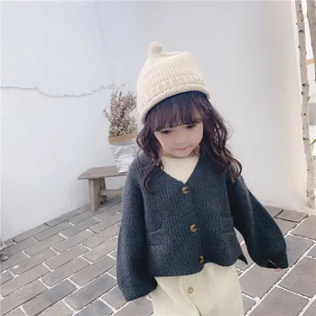 

New Kids Long Sleeve Girls Baby Sweater for Autumn and Winter 2019 Children Solid Color Causal Loose V Neck Knitted Cardigan Top