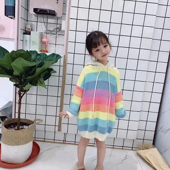 

girls rainbow dress 2019 Autumn winter kids cotton Sweater dress fashion high-grade children knitting dress princess clothing