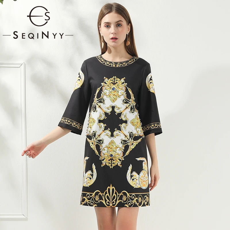 SEQINYY, прямое платье,, лето, весна, новинка, модный дизайн, женское, половина рукава, Ретро стиль, золотые цветы, кристалл, черное, мини платье