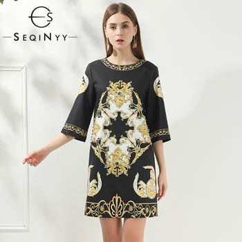 

SEQINYY Straight Dress 2020 Summer Spring New Fashion Design Women Half Sleeve Vintage Golden Flowers Crystal Black Mini Dress