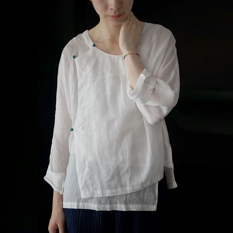 Chinese Style Shirts For Women Button Ramie Blouses Autumn New White Long Sleeve O-Neck Irregular Women Cloths