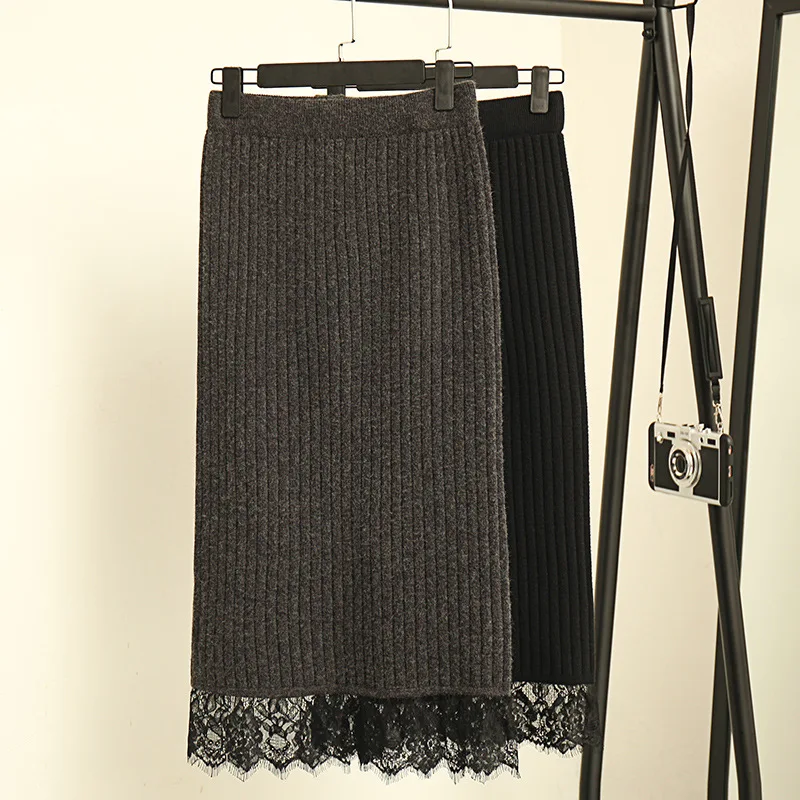 

Autumn & Winter Slit One-step Skirt Wool Skirt Spring Women's 2019 New Style Mid-length Lace Knit Sheath