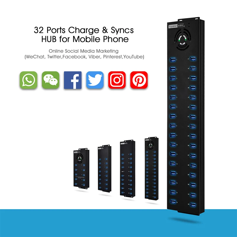 Sipolar Rugged industrial 32 Port USB 2.0 Hub 30 Charger and Syncs Port with 2pcs 12V 10A Desktop Power Adapter for phones A-832 2