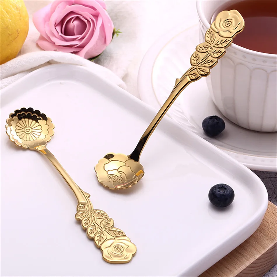8PCS Stainless Steel Flower Spoons Tea Coffee Cream Fruit Dessert Spoon Rose Gold Flowers Teaspoon Tableware Wedding Decoration