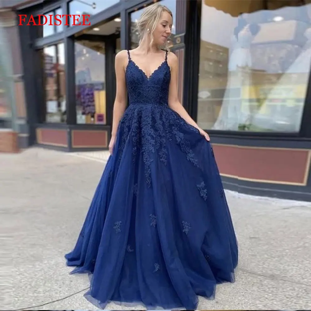Lace Navy Blue V-neck Vestidos De Fiesta Noche Prom Party Evening Dresses Robe De Soiree Gown Frock Long Soft Tulle Lace-up pretty prom dresses Prom Dresses