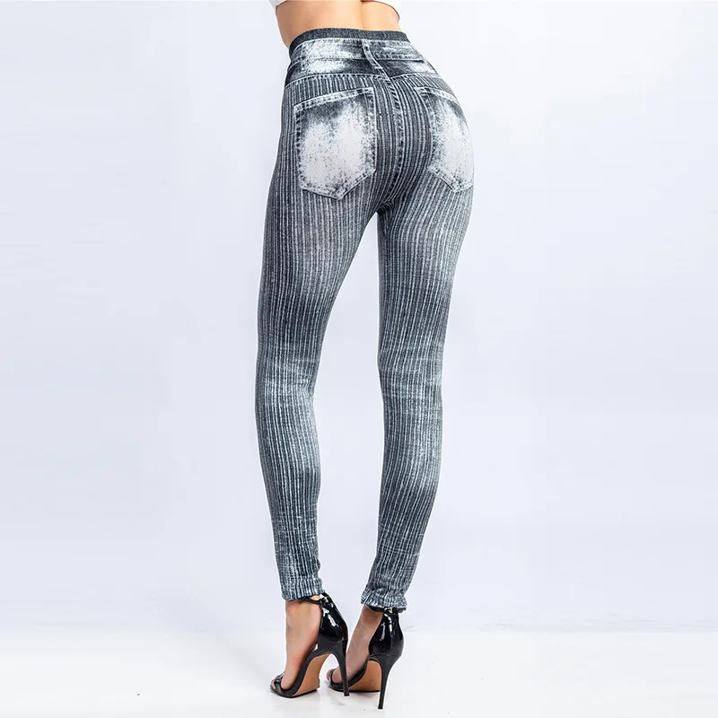 Plus Size 3XL High Waist Faux Denim Jean Leggings Slim Elastic Seamless Skinny Pencil Pant Female Workout Running Leggings tiktok leggings