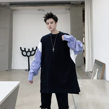 

2020 Men Stripe Sleeve Splice Ribbon Loose Casual Sweatshirt Male Harajuku Fashion Streetwear Hip Hop Pullover Sweatshirt
