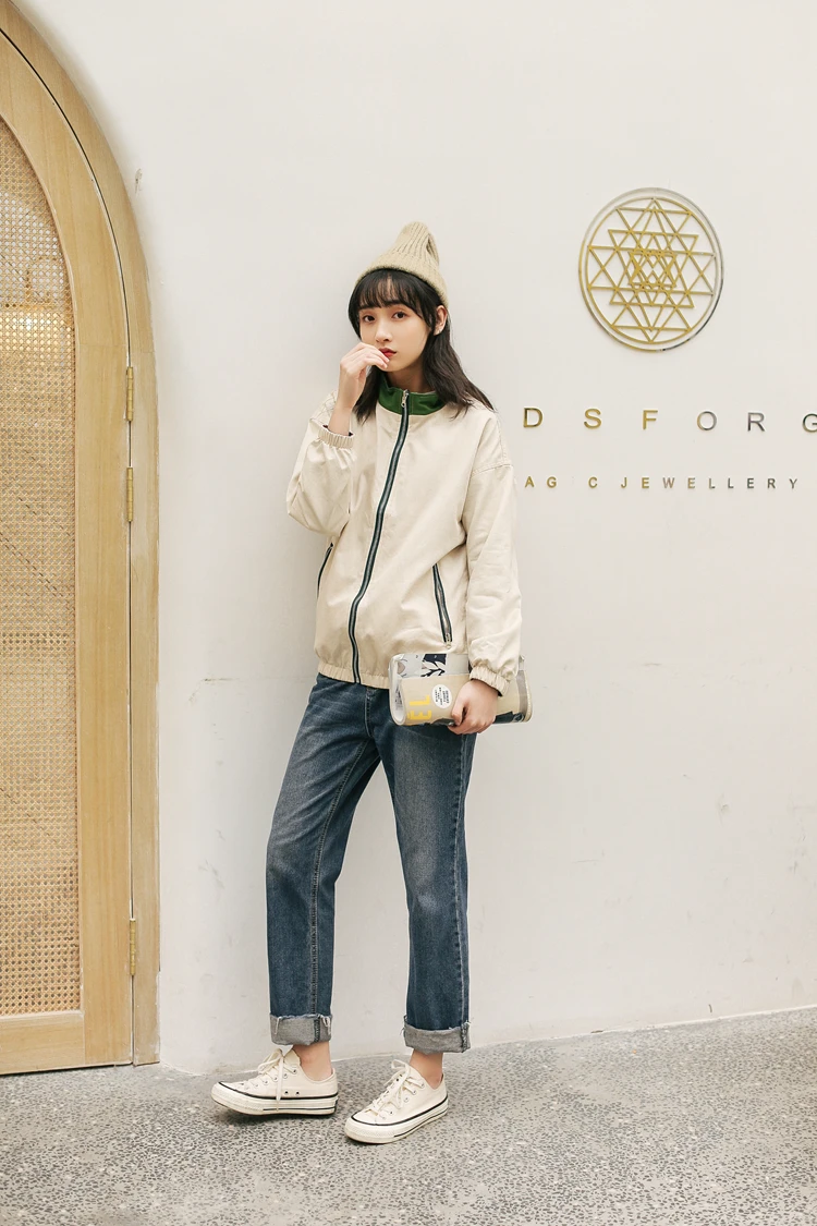 Корейская женская Двухсторонняя куртка с длинным рукавом Harajuku карманы пальто Женская клетчатая Свободная куртка на молнии осень