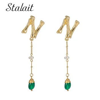 

Charm Natural Green Stone Letter N Dangle Earrings Gold Color Chain Alloy Drop Earrings For Women Wedding Name Jewelry