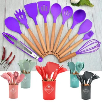 

11pcsKitchen Shelf Spatula Colander Egg Beater Oil Brush Wooden Handle Spatula Silicone Spoon Kitchen Cooking Tool Set Non-stick