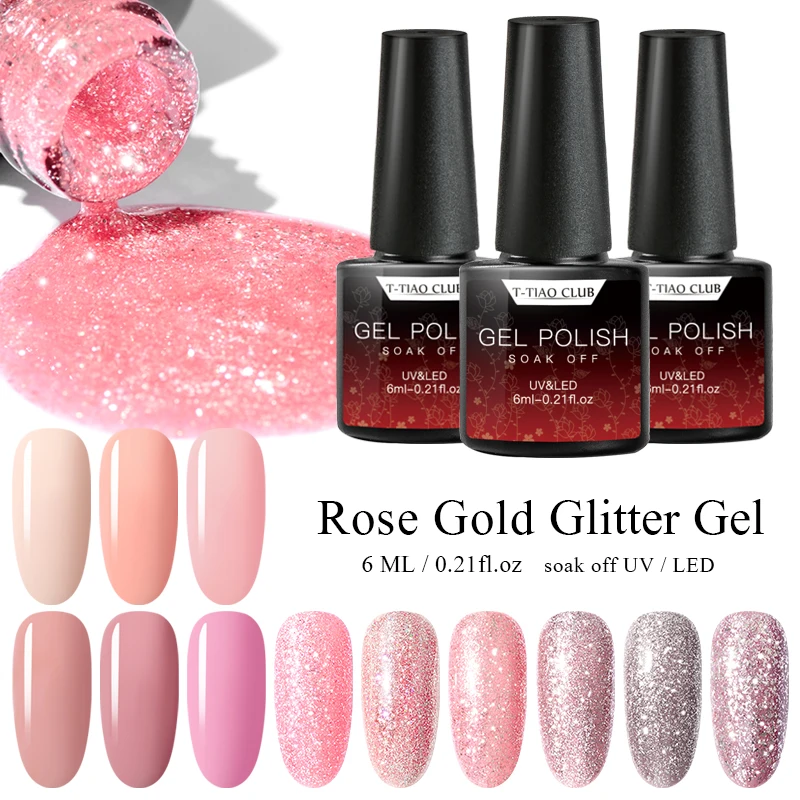 

T-TIAO CLUB 6ml UV Gel Nail Polish Rose Gold Glitter Sequins Soak Off UV Gel Varnish Color Nail Gel Polish DIY Nail Art Lacquer