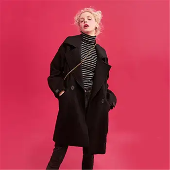 

2020 ZA Fashion New Ladies Windbreaker Spring Black Loose Windbreaker Boho Women's Lapel Long Sleeve Woolen Coat Party Gift