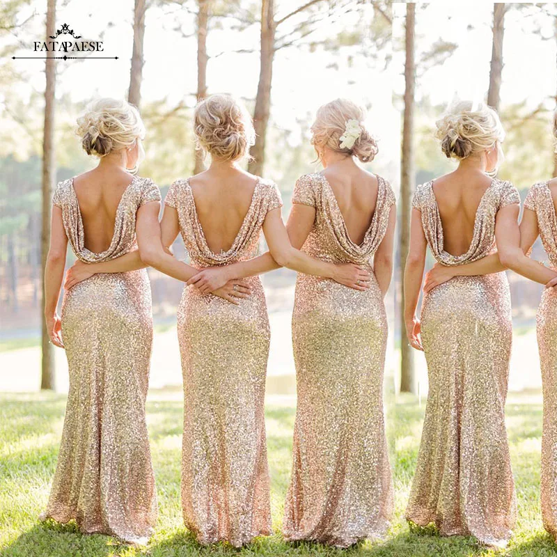 

FATAPAESE Glitter Gloden Sequin Bridesmaids Ddress Short Sleeve Sexy Backless Sparkle Bridal Wedding Party Gown Women Formal