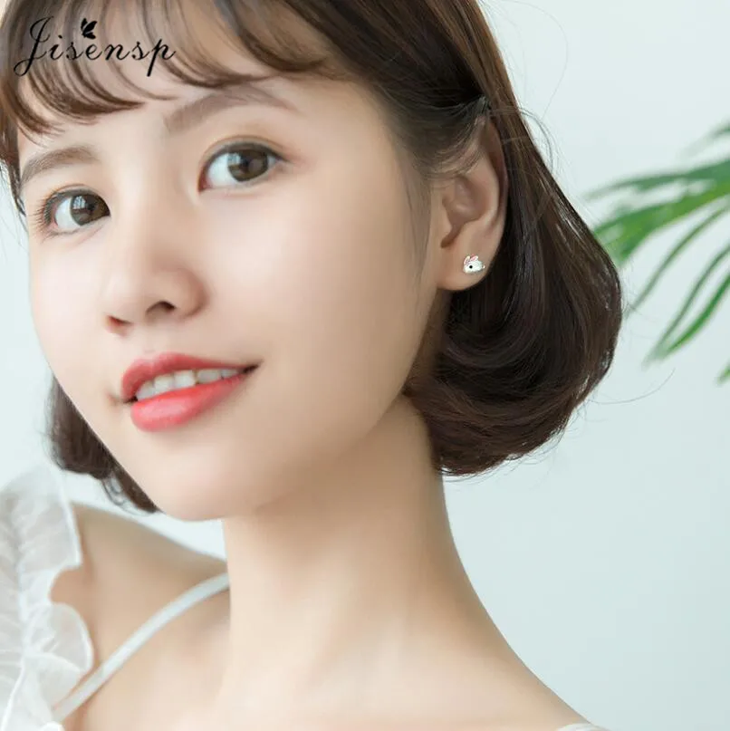 Jisensp Silver Plated Earrings Lovely Tiny Rabbit Ear Stud for Women Girls Cartoon Bunny Earring Fashion Jewelry Gift