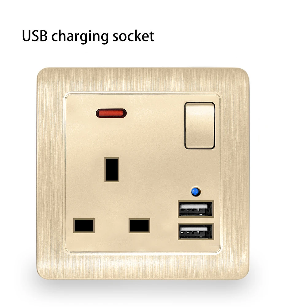 USB Wall Outlet Gold Metal Plate 13A UK Plug Electric Switched Power Sockets 3250W 1 Gang Kitchen USB with Charging Ports Office