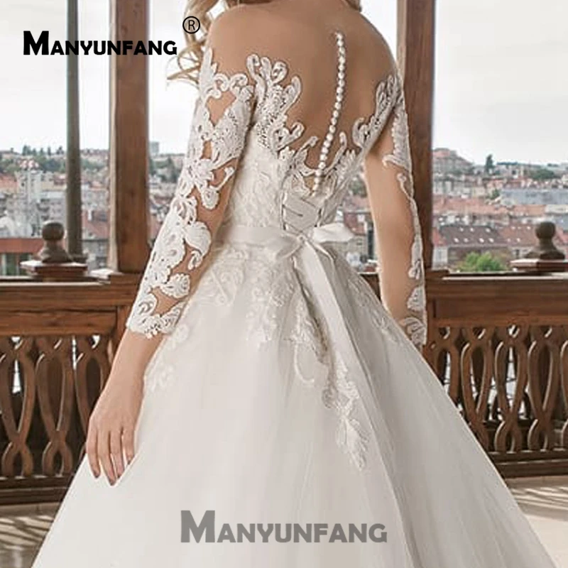 New Three Quarter Sleeve Wedding Dress Sheer Neck Vestido Boda And Back Hochzeitskleid Crystals Sashes Bow Bridal Dresses