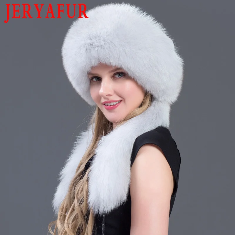 Женская меховая шапка JERYAFUR теплая уличная из меха черно бурой лисы Мао енота