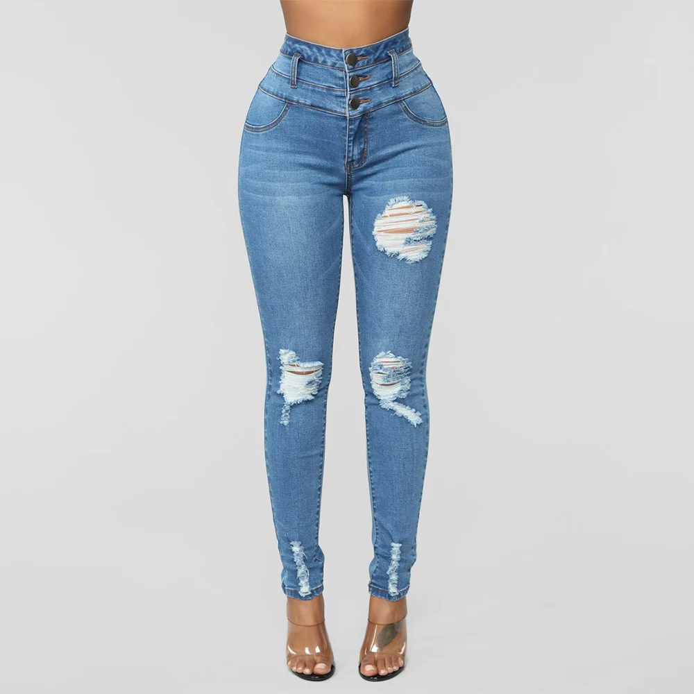Denim Blue Женские джинсы, обтягивающие, повседневные, с дырками, рваные, для девушек, уличная одежда, Ретро стиль, деним, высокая талия, джинсы-карандаш, женские джинсы, брюки D40 - Цвет: Denim Blue